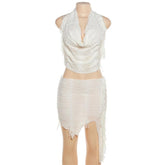 Cowl neck textured halter backless irregular tassels mini skirt set